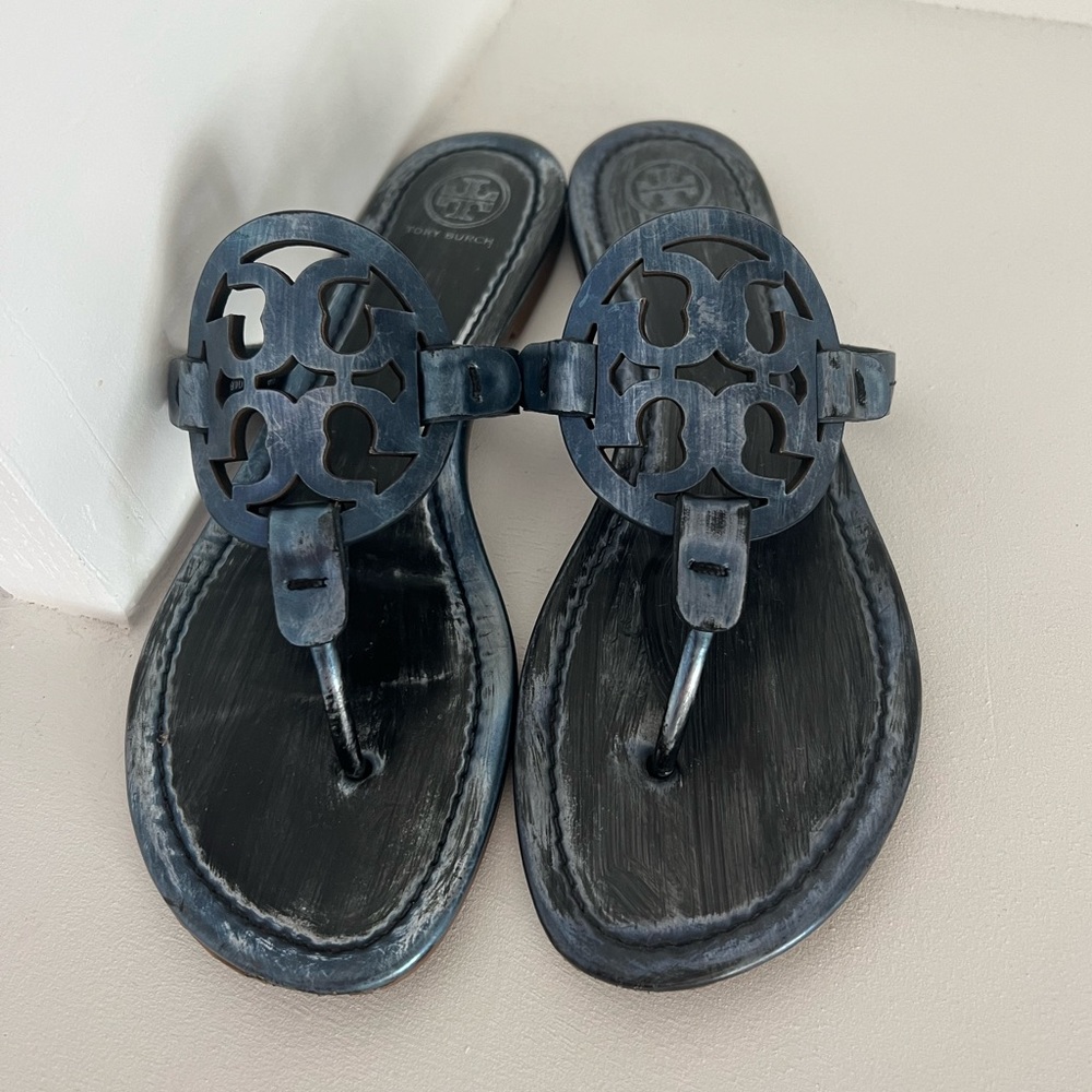 Rare Tory Burch Miller Sandals Navy Black Brushed Matte Metallic Rare color Sz 9
